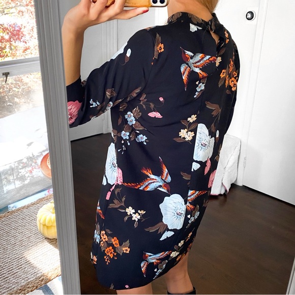 🖤 PRIMARK BOHO BLACK MULTI FLORAL BIRD CAPRI SLEEVE MOCK NECK MINI DRESS! - Picture 4 of 12